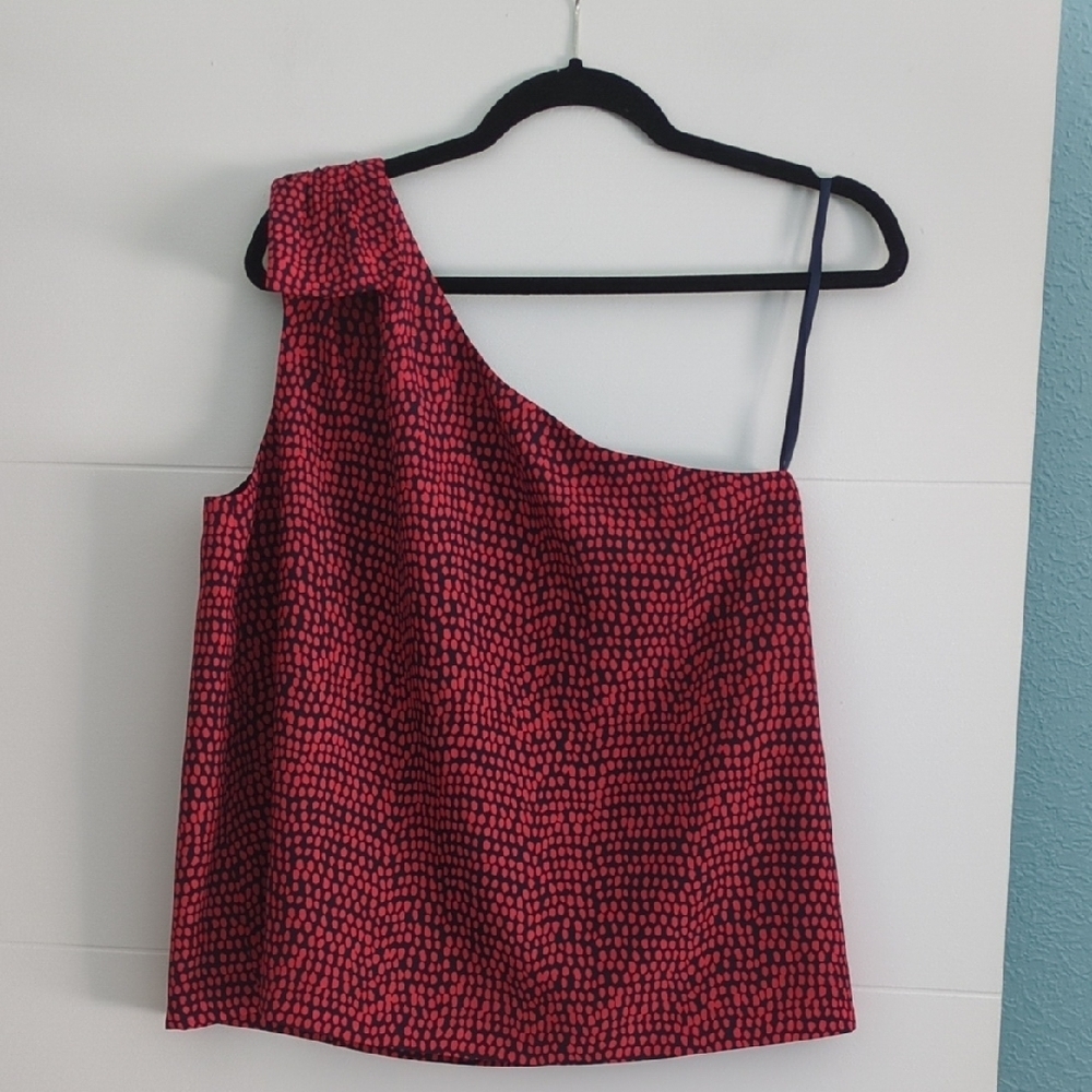 Club Monaco Palila One-Shoulder Red Polka Dots Printed Top Preppy Office Sz L